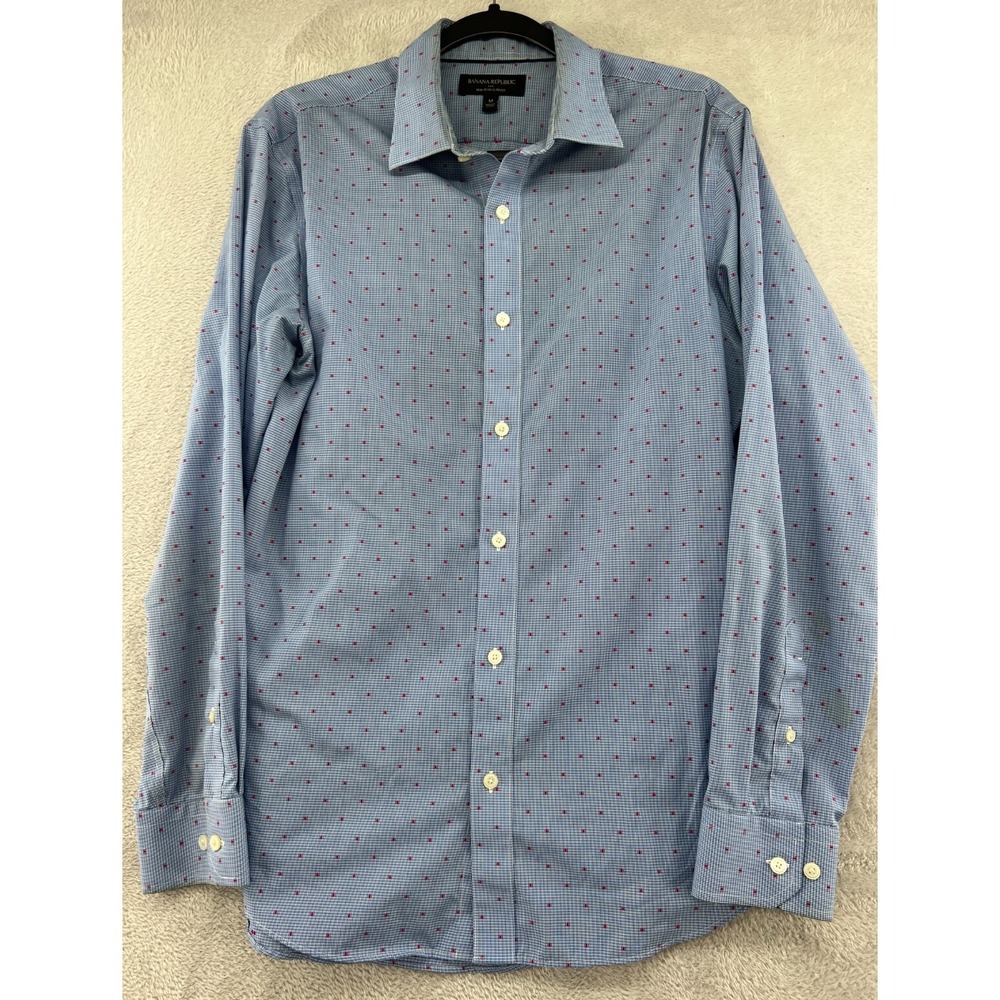 Banana Republic Shirt Men's M Blue Micro Check Button Up Red Dot NoIron Slim Fit